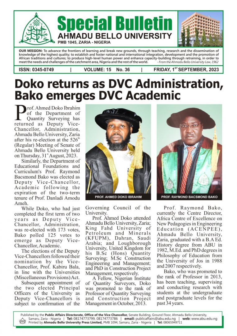 Doko returns as DVC Administration, Boko emerges DVC Academic