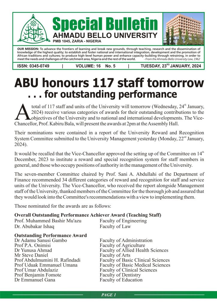 ABU honours 117 staff tomorrow … for outstanding performance