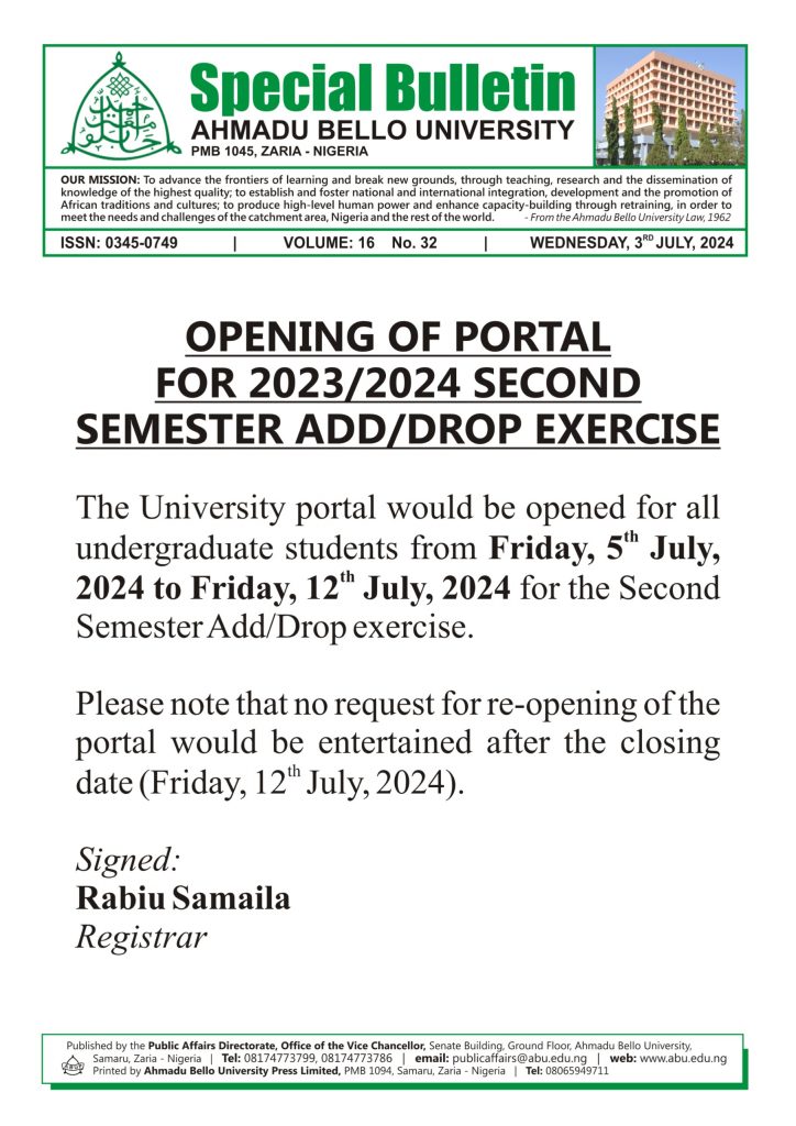 Opening of Portal for 2023/2024 Second Semester Add/Drop Exercise