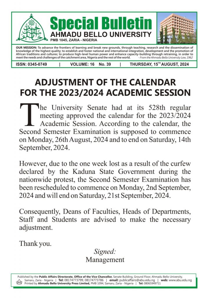 Adjustment of the Calendar for 2023/2024 Academic Session