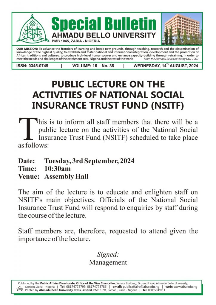 Public Lecture on the Activities of National Social Insurance Trust Fund (NSITF)