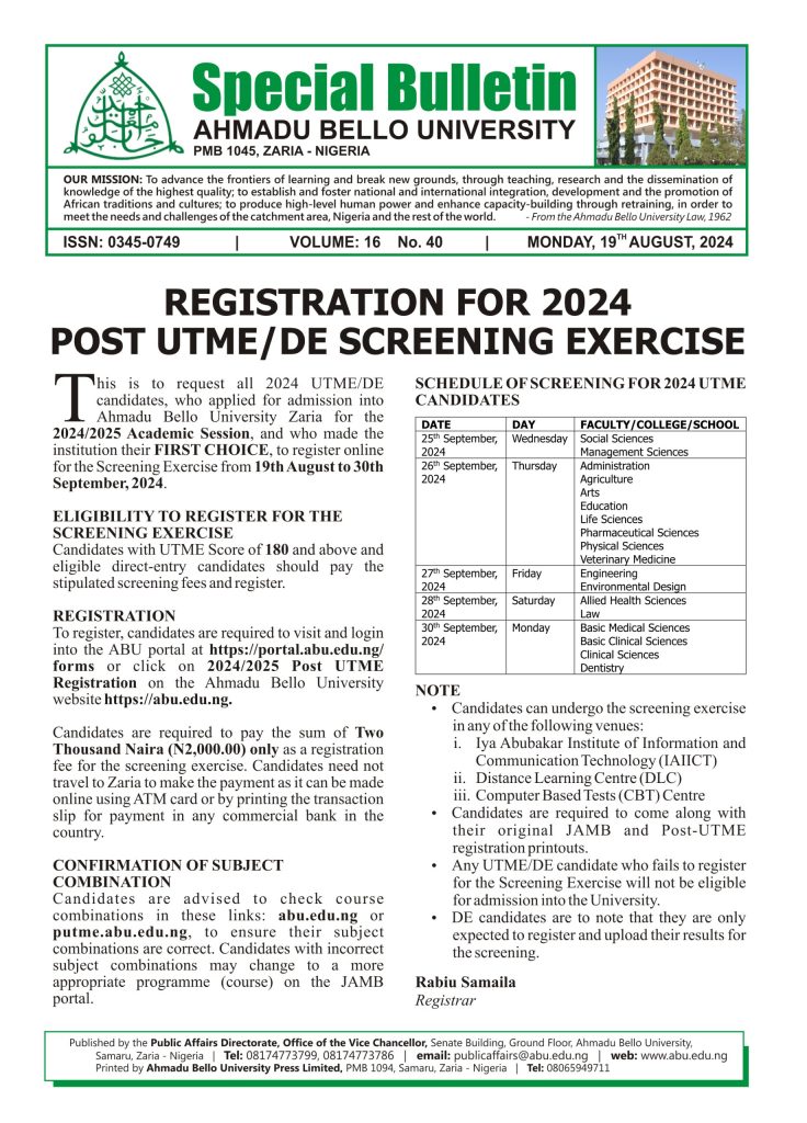 Registration for 2024 Post UTME/DE Screening Exercise