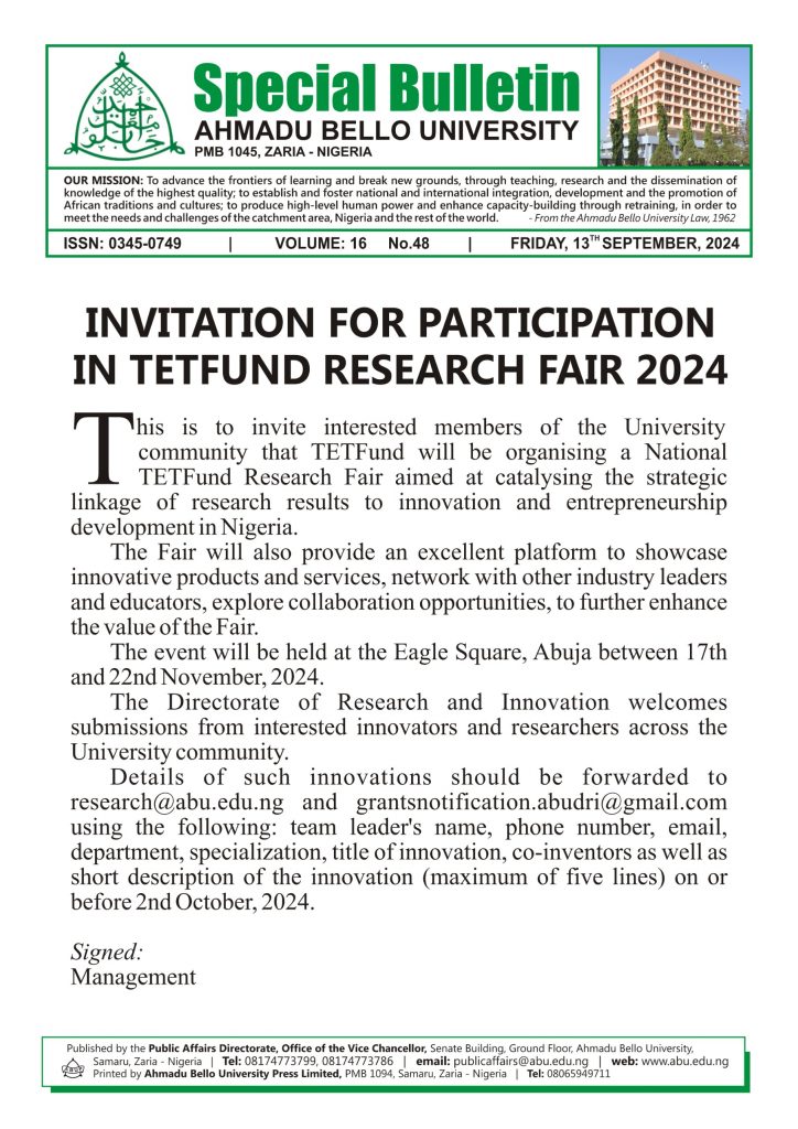 Invitation for Participation in TETFund Research Fair 2024