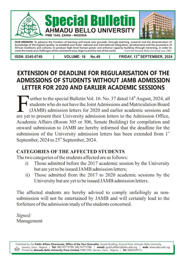 Extension of Deadline for Regularisation of the Admission of Students without Jamb Admission Letter for 2020 and Earlier Academic Sessions