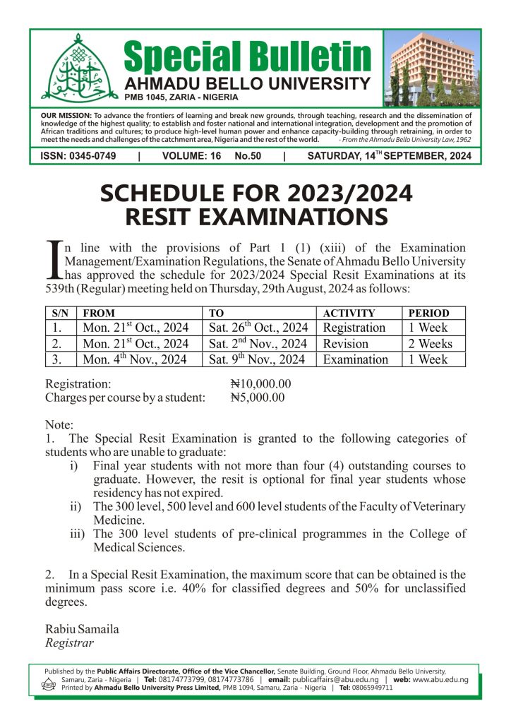 Schedule for 2023/2024 Resit Examinations