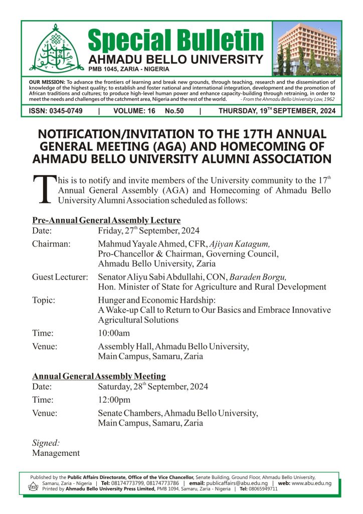 Notification/Invitation to the 17th Annual General Meeting (AGA) and Homecoming of Ahmadu Bello University Alumni Association