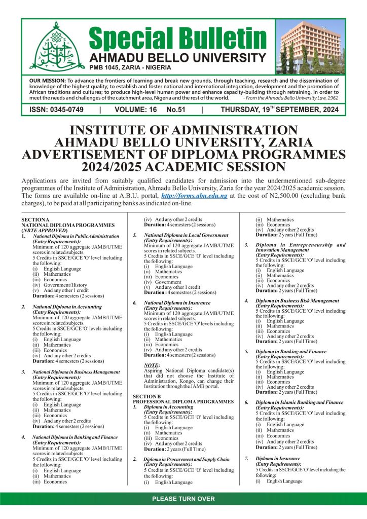 Institute of Administration, Ahmadu Bello University, Zaria, Advertisement of Diploma Programmes 2024/2025 Academic Session