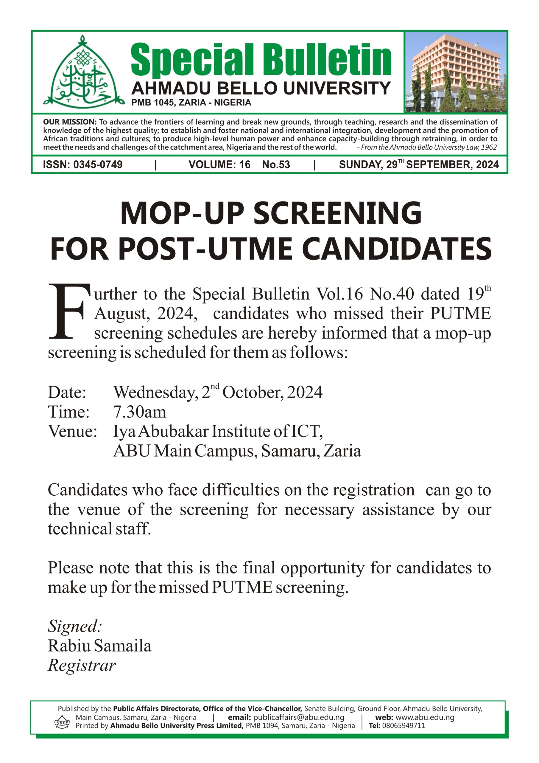 Post UTME Mop-up Screening