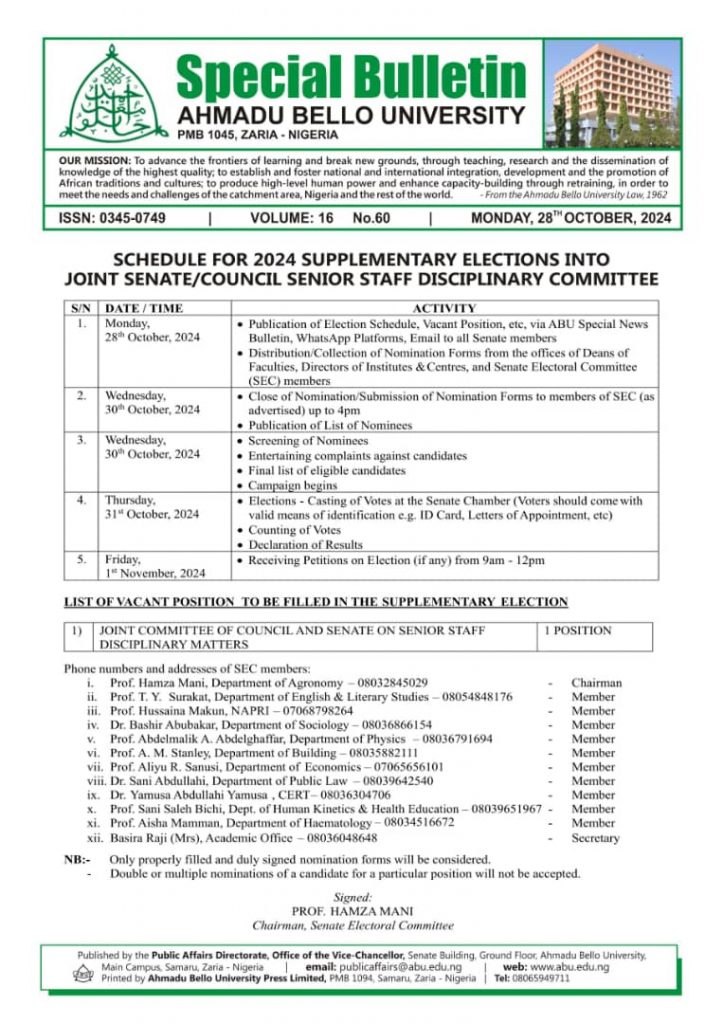 Schedule for 2024 Supplementary Elections into Joint Senate/Council Senior Staff Disciplinary Committee