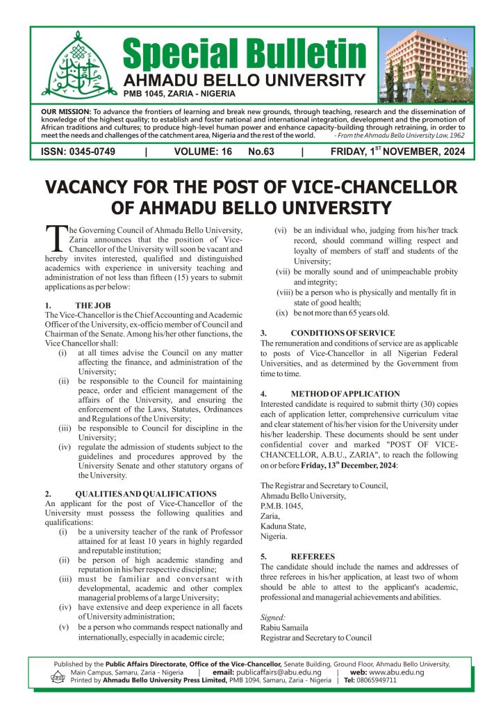 Vacancy for the Post of Vice-Chancellor of Ahmadu Bello University