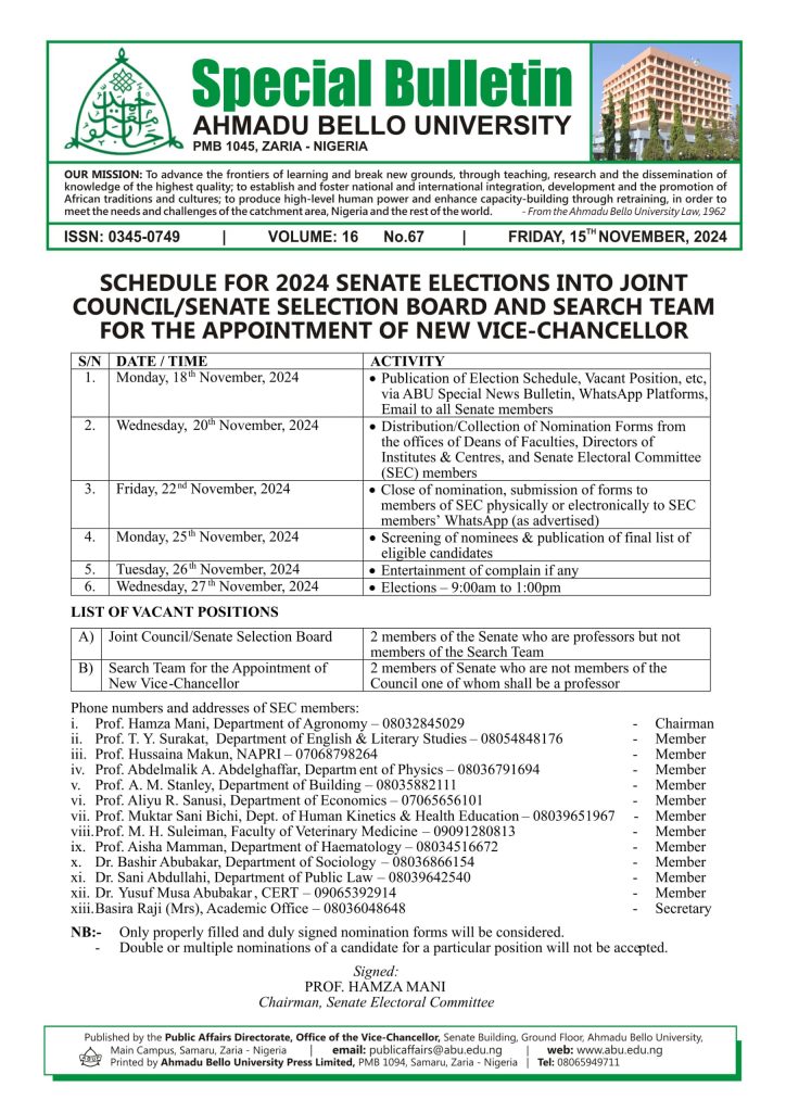 Schedule for 2024 Senate Elections into Joint Council/Senate Selection Board and Search Team for Appointment of New Vice-Chancellor