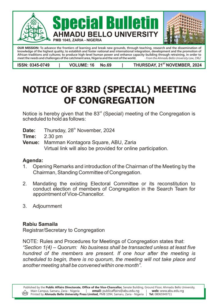 Notice of 83rd (Special) Meeting of Congregation