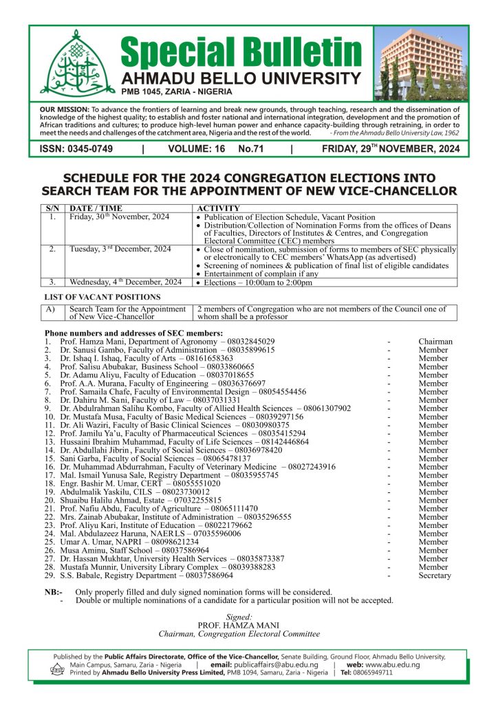 Schedule for the 2024 Congregation Elections into Search Team for the Appointment of New Vice-Chancellor