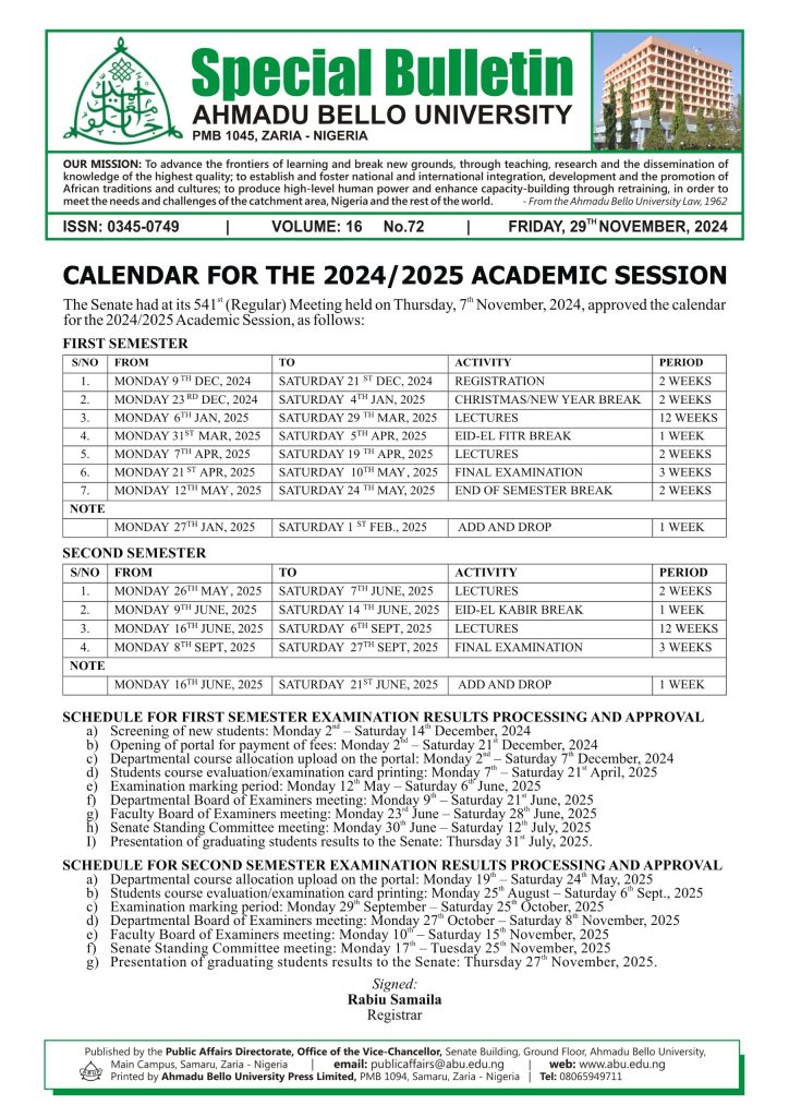 Calendar for the 2024/2025 Academic Session