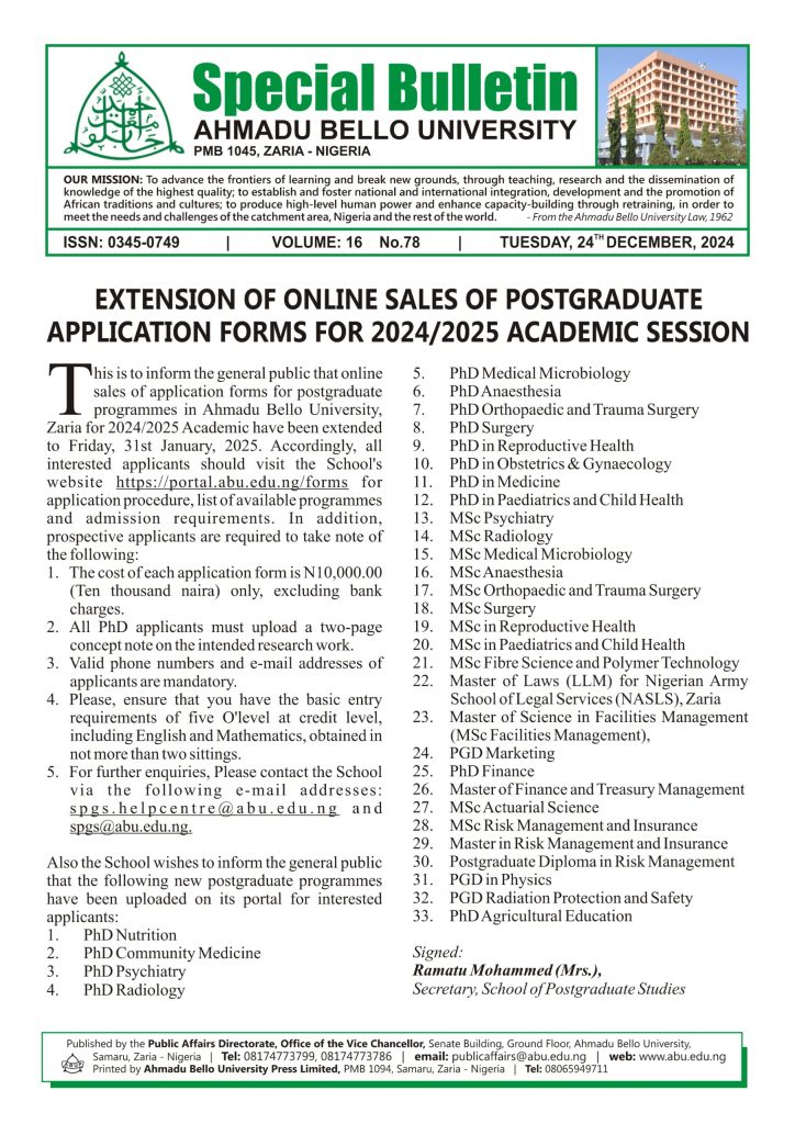 Extension of Online Sales f Postgraduate Application Forms for 2024/2025 Academic Session