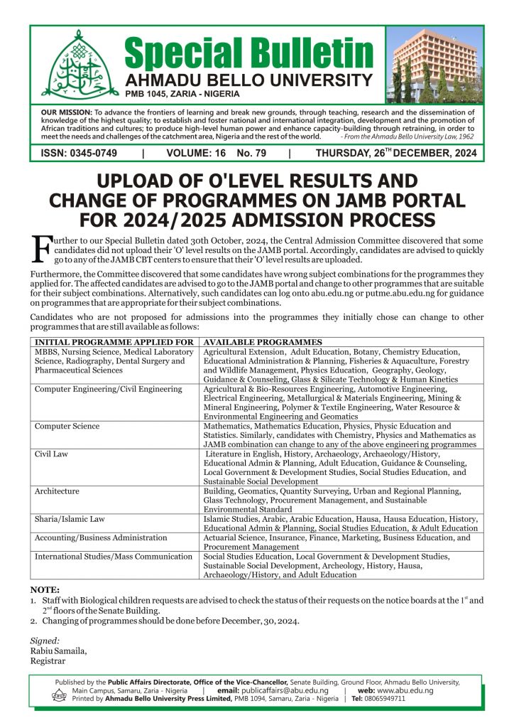 Upload of O’Level Results and Change of Programmes on Jamb Portal for 2024/2025 Admission Process