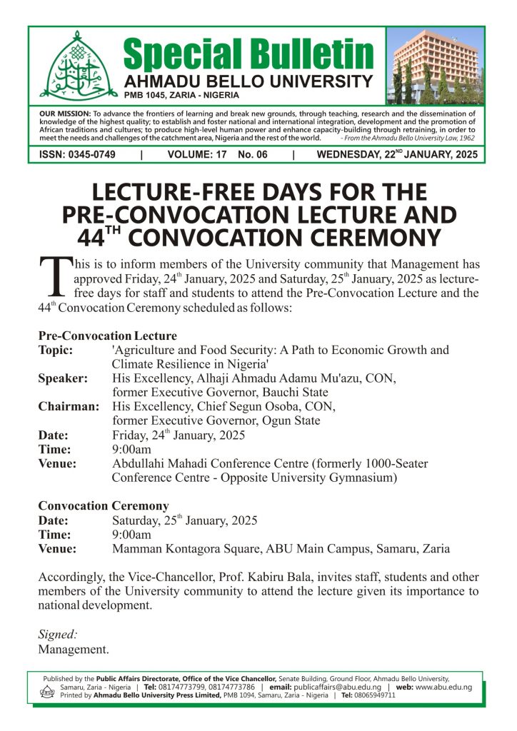 Lecture-Free Days for the Pre-Convocation Lecture and 44th Convocation Ceremony