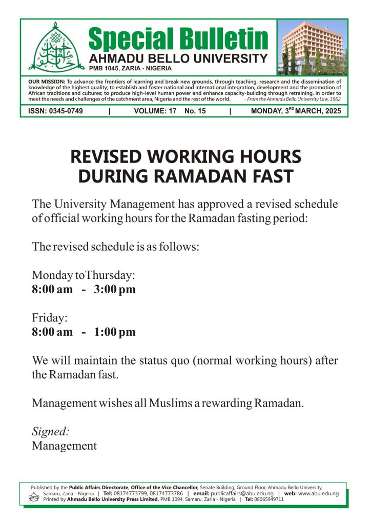 Revised Working Hours During Ramadan Fast