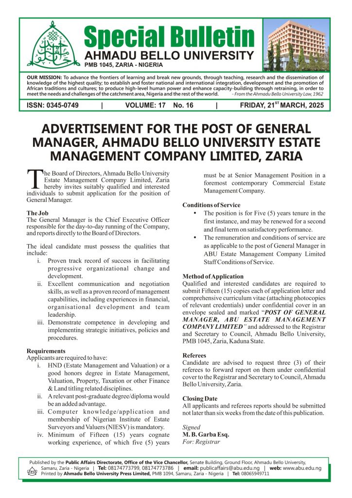 Advertisement For The Post of General Manager, Ahmadu Bello University Estate Management Company Limited, Zaria