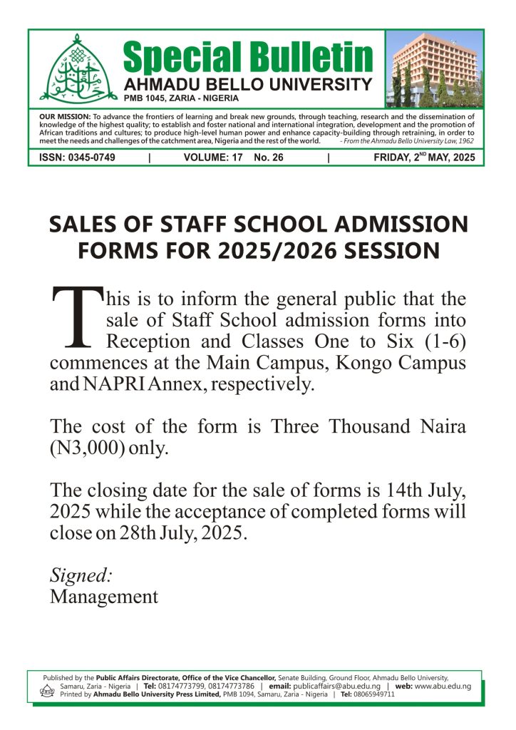 Sales of Staff School Admission Forms for 2025/2026 Session