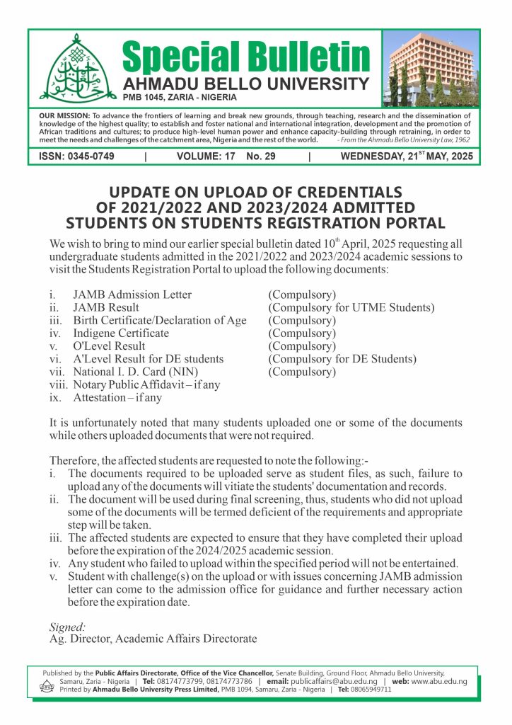 UPDATE ON UPLOAD OF CREDENTIALS OF 2021/2022 AND 2023/2024 ADMITTED STUDENTS ON STUDENTS REGISTRATION PORTAL