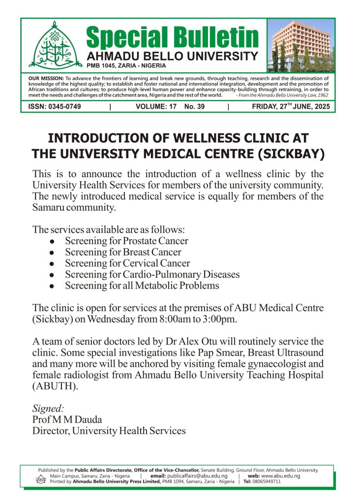 Introduction of Wellness Clinic at the University Medical Centre (Sickbay)