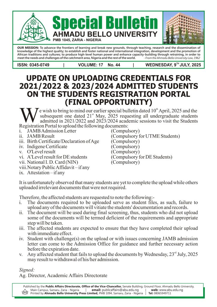 UPDATE ON UPLOADING CREDENTIALS FOR 2021/2022 & 2023/2024 ADMITTED STUDENTS ON THE STUDENTS REGISTRATION PORTAL (FINAL OPPORTUNITY)