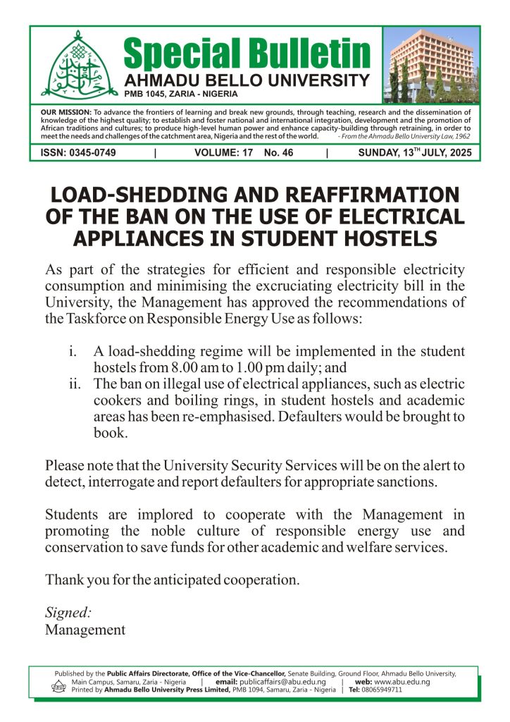 Load-Shedding and Reaffirmation of the Ban on the use of Electrical Appliances in Student Hostels