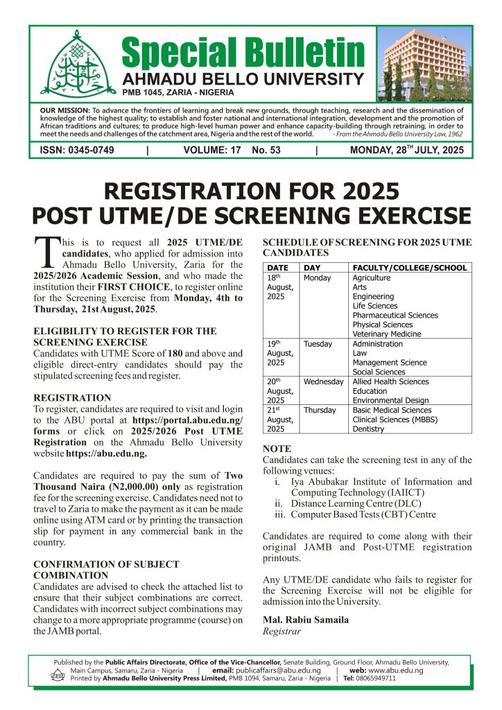 Registration for 2025 POST UTME/DE Screening Exercise