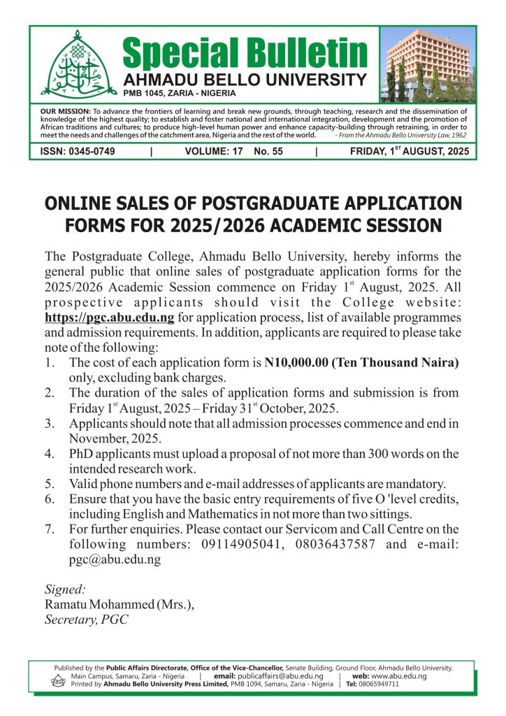 Online Sales of Postgraduate Application Forms for 2025/2026 Academic Session