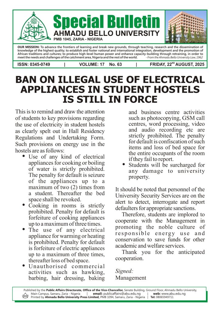 Ban on Illegal Use of Electrical Appliances in Student Hostels is still in Force