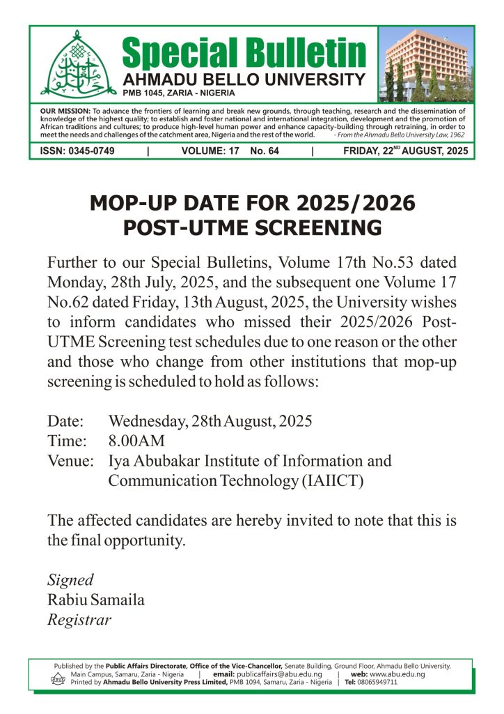 Mob-Up Date for 2025/2026 Post-UTME Screening