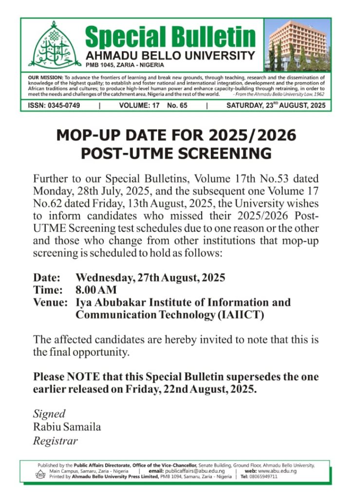 Mob-Up Date for 2025/2026 Post-UTME Screening