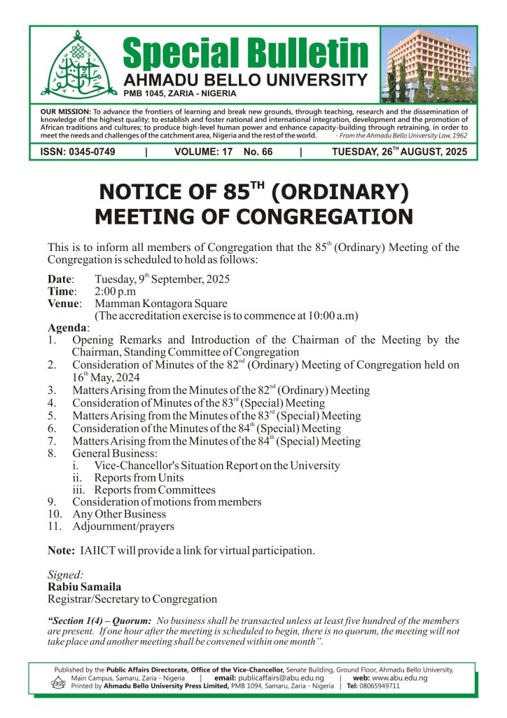 Notice of 85th (Ordinary) Meeting of Congregation