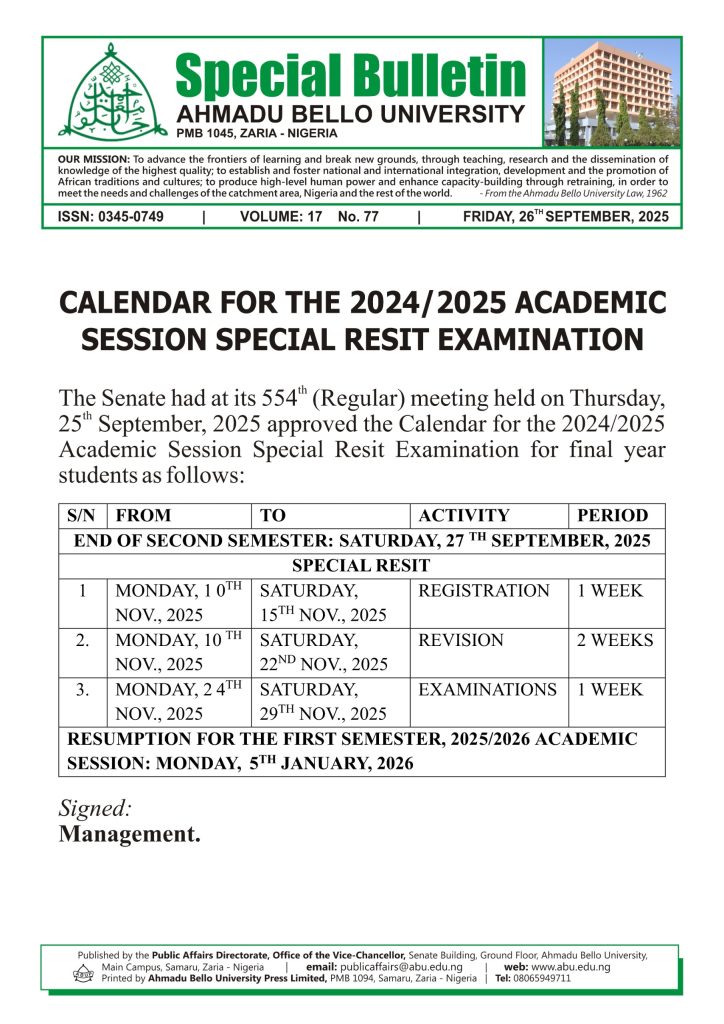 Calendar for the 2024/2025 Academic Session Special Resit Examination