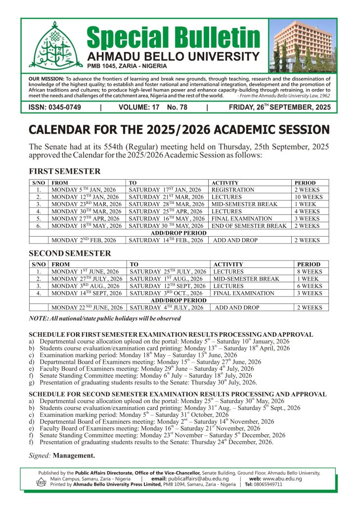 Calendar for the 2025/2026 Academic Session