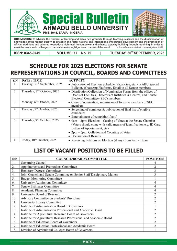 Schedule for 2025 Elections for Senate Representations in Councils, Boards and Committees