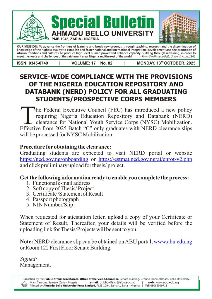 Service-Wide Compliance with the Provisions of the Nigeria Education Repository and DataBank (NERD) Policy for all Graduating Students/Prospective Corps Members