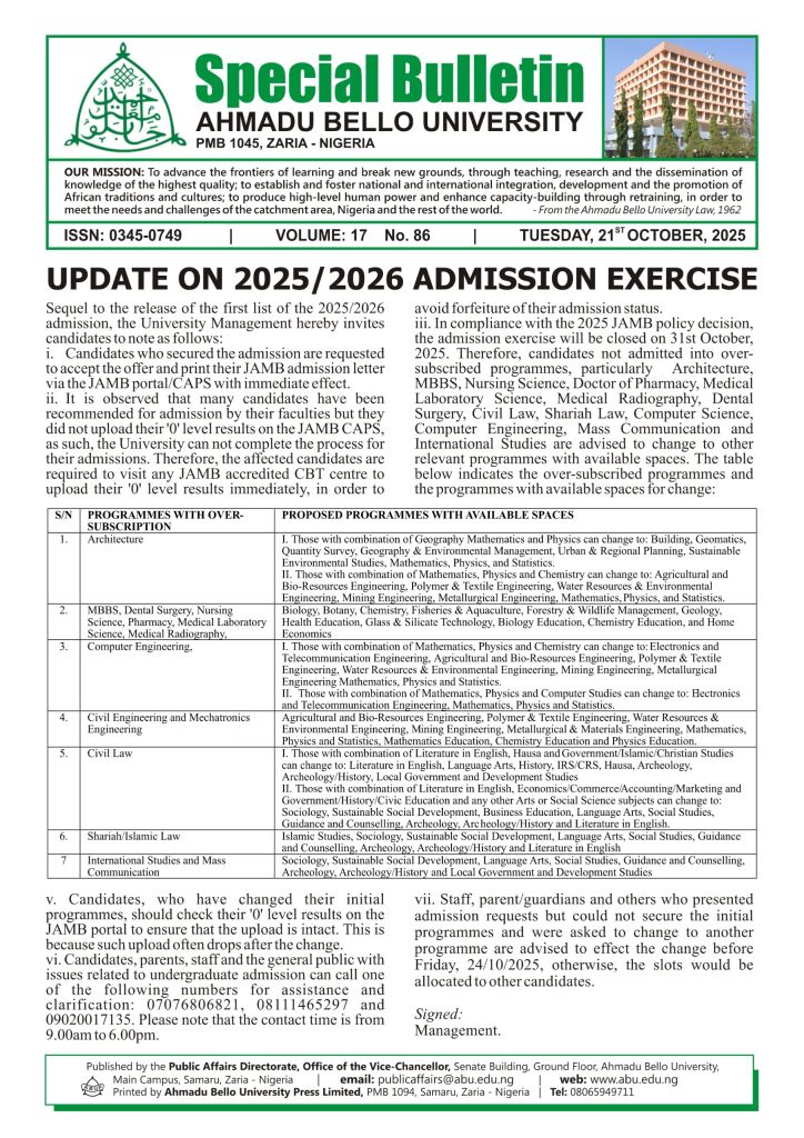 Update on 2025/2026 Admission Exercise