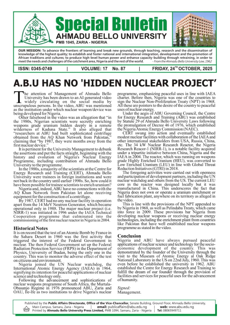 A.B.U. Has No 'Hidden Nuclear Project'