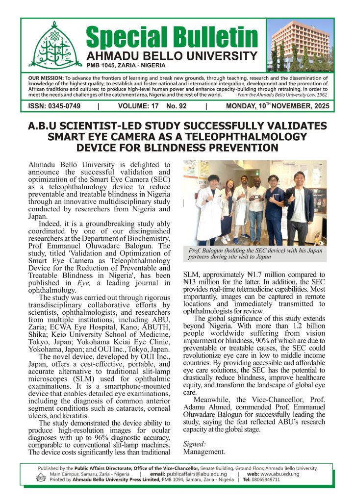 A.B.U Scientist-LED Study Successfully Validates Smart Eye Camera as a Teleophthalmology Device for Blindness Prevention