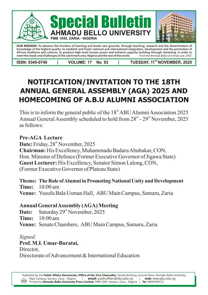 Notification/Invitation to the 18th Annual General Assembly (AGA) 2025 and Homecoming of A.B.U Alumni Association