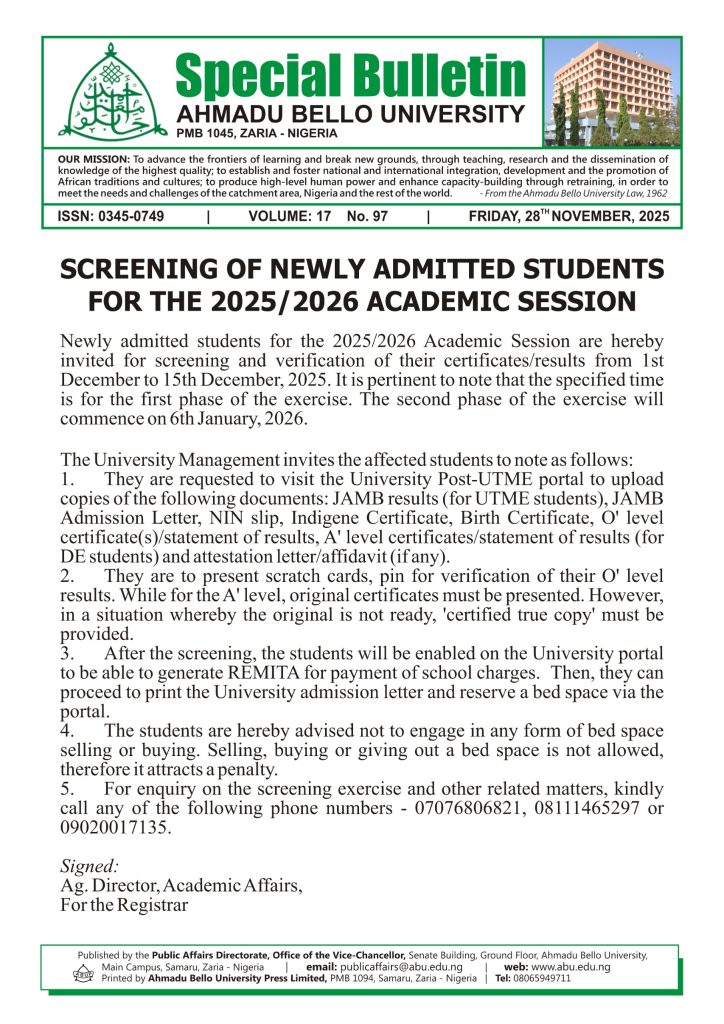 Screening of Newly Admitted  Students for the 2025/2026 Academic Session