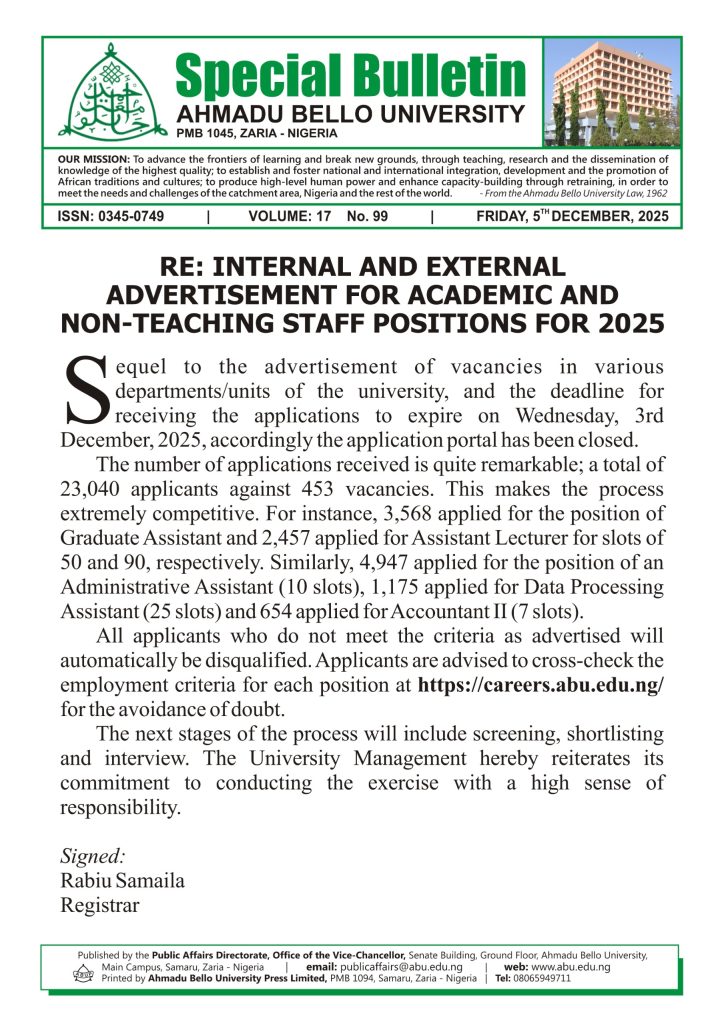 Re: Internal and External Advertisement for Academic and Non-teaching Staff Positions for 2025