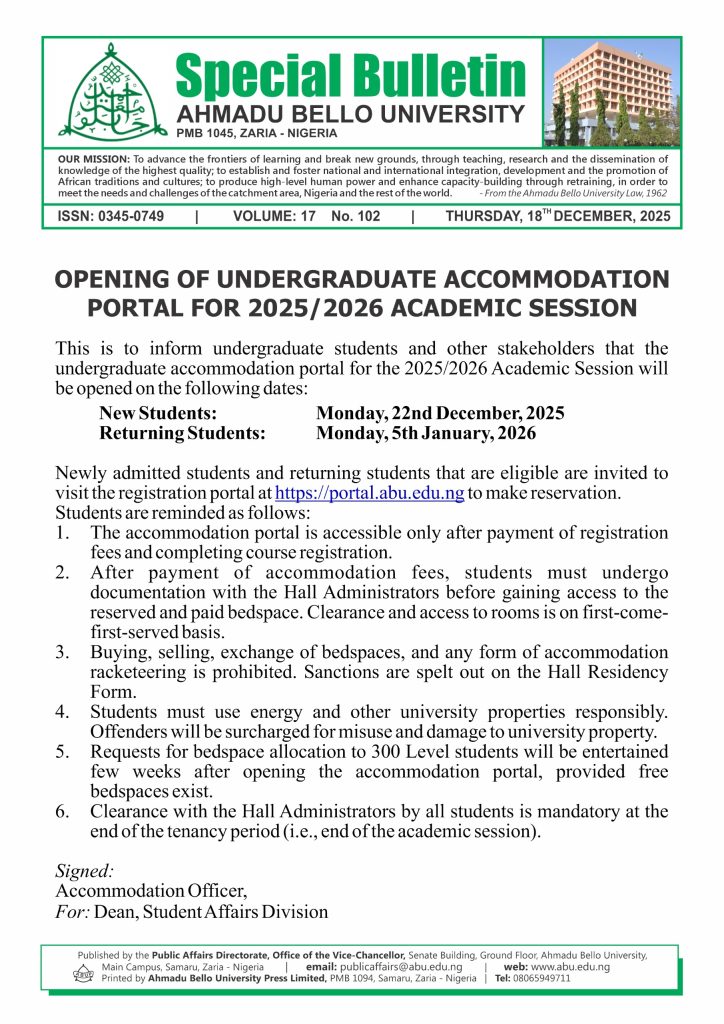 Opening of Undergraduate Accommodation Portal for 2025/2026 Academic Session
