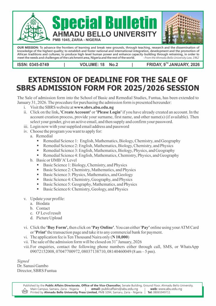 Extension of Deadline for the Sale of SBRS Admission Form for 2025/2026 Session