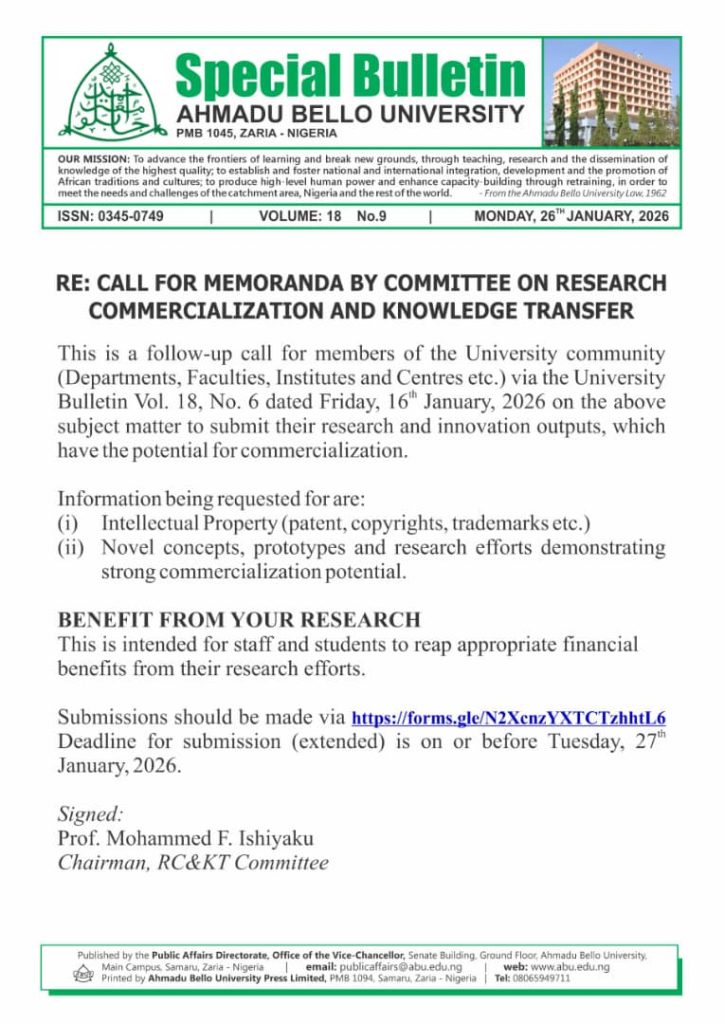 Re: Call for Memoranda by Committee on Research Commercialization and Knowledge Transfer