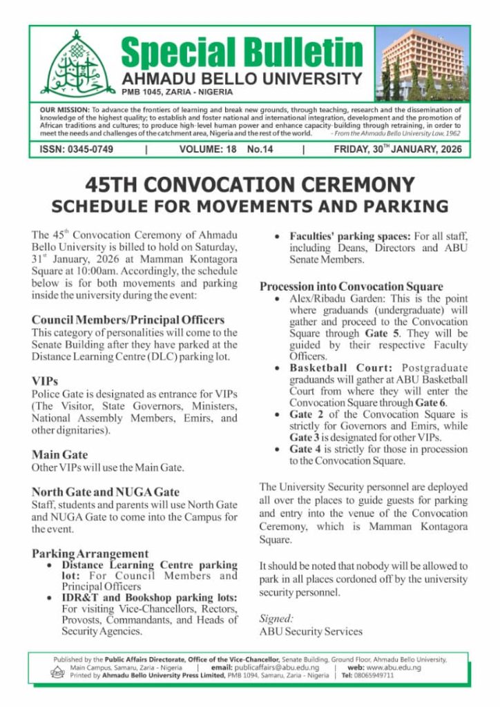 45th Convocation Ceremony Schedule for Movements and Parking - Ahmadu ...