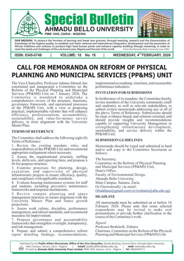 Call for Memoranda on Reform of Physical Planning and Municipal Services (PP&MS) Unit