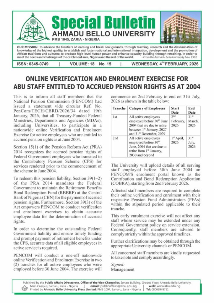 Online Verification and Enrolment Exercise for ABU Staff entitled to Accrued Pension Rights as at 2004
